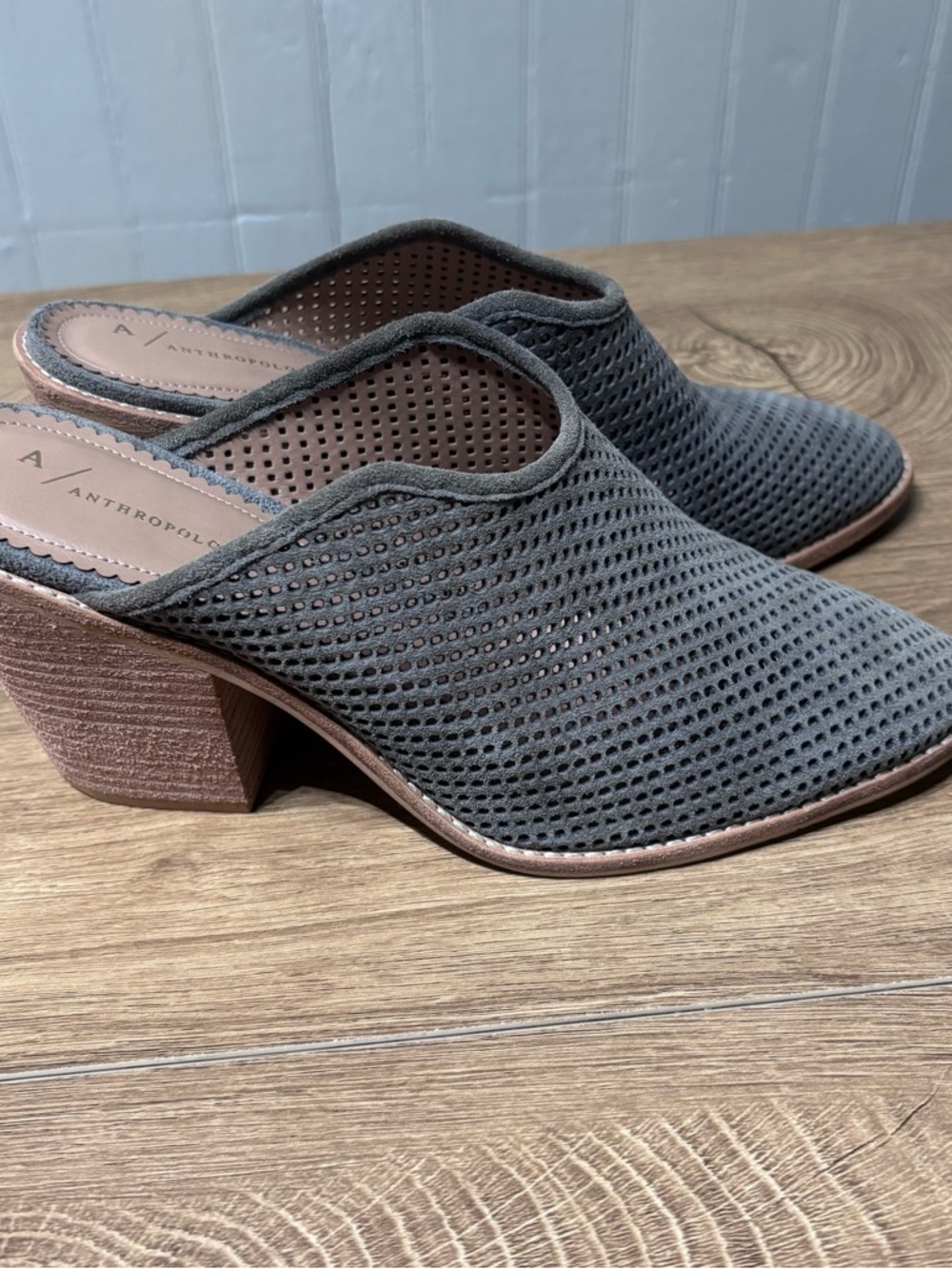 Anthropologie Charcoal Perforated Slip-On Block Heel Mules